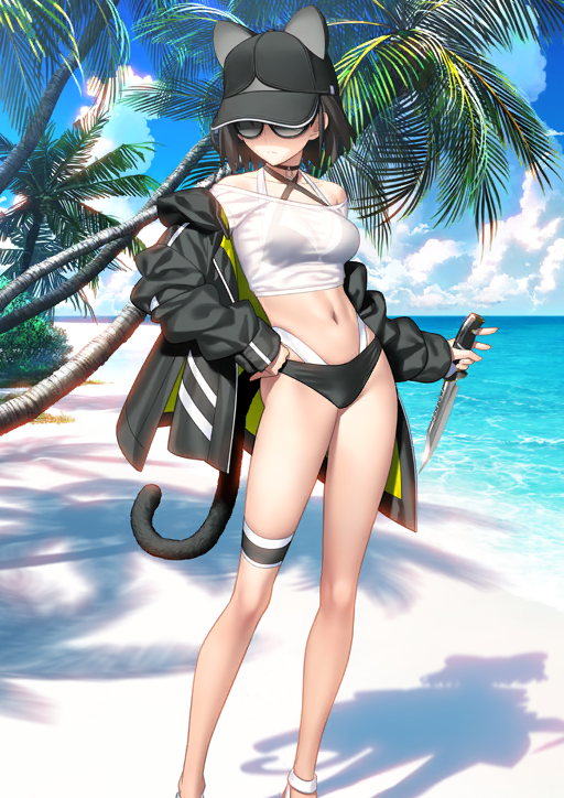 1girl animal_hat beach bikini bikini_top_under_shirt bikini_under_clothes black_bikini black_hat black_jacket black_tail blue_sky brown_hair cat_hat cat_tail choker closed_mouth cloud contrapposto covered_eyes criss-cross_halter crop_top fate/grand_order fate_(series) feet_out_of_frame frown game_cg halterneck hand_on_own_hip hat holding holding_knife horizon jacket jacket_partially_removed knife long_sleeves multi-strapped_bikini_bottom multi-strapped_bikini_top navel ocean official_art palm_tree reverse_grip ryougi_shiki ryougi_shiki_(swimsuit_mooncancer)_(first_ascension) see-through_clothes see-through_shirt shirt short_hair sky solo standing stomach sunglasses swimsuit tail takeuchi_takashi thigh_strap third-party_source tree variant_set white_shirt