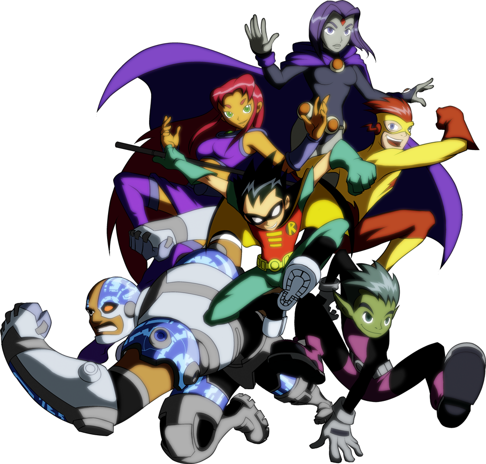 2girls 4boys alien bald beast_boy_(dc) belt black_eyes bodysuit boots bracer cape cloak colored_skin cyborg cyborg_(dc) dark_skin dc_comics dick_grayson domino_mask eye_mask flying forehead_jewel garfield_logan gloves green_eyes green_hair green_skin heterochromia kid_flash leotard long_sleeves mask midriff multiple_boys multiple_girls neon_trim one-eyed orange_eyes orange_hair purple_eyes purple_hair purple_skirt raven_(dc) red_eyes red_hair robin_(dc) running short_sleeves skirt smile starfire teen_titans transparent_background victor_stone wally_west