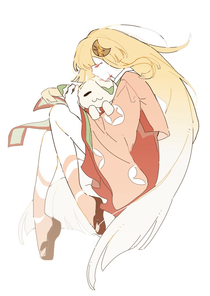 1girl blonde_hair cho_kaguya-hime! closed_eyes commentary_request curled_up full_body furukawa_ura holding holding_stuffed_toy japanese_clothes kaguya_(cho_kaguya-hime!) kimono long_hair long_sleeves lying on_side orange_kimono profile sandals simple_background solo stuffed_animal stuffed_toy very_long_hair white_background