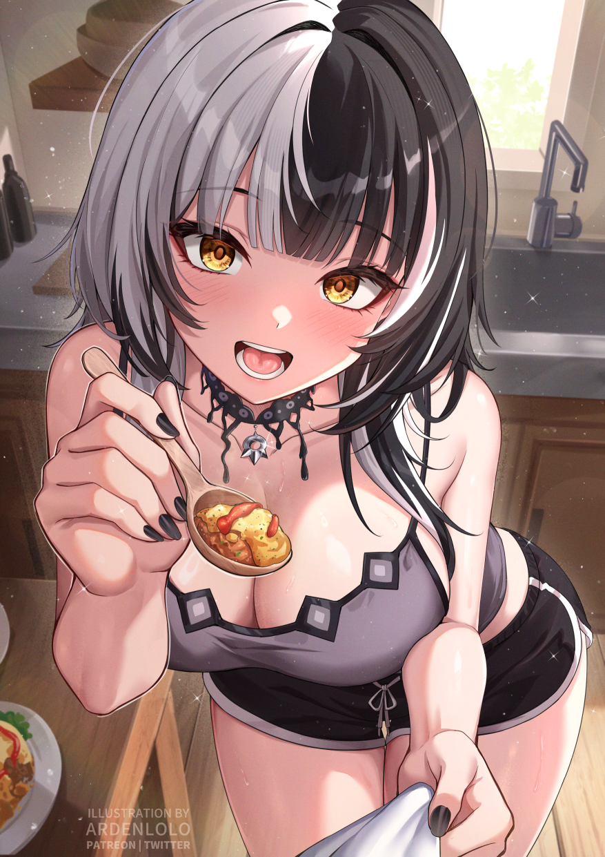 1girl 1other :d ardenlolo bare_arms black_camisole black_choker black_hair black_nails black_shorts breasts camisole choker cleavage commentary_request dolphin_shorts food grey_hair highres holding holding_spoon hololive hololive_english incoming_food indoors large_breasts leaning_forward long_hair looking_at_viewer multicolored_hair nail_polish omelet omurice open_mouth paid_reward_available pov shiori_novella short_shorts shorts smile split-color_hair spoon two-tone_hair virtual_youtuber yellow_eyes