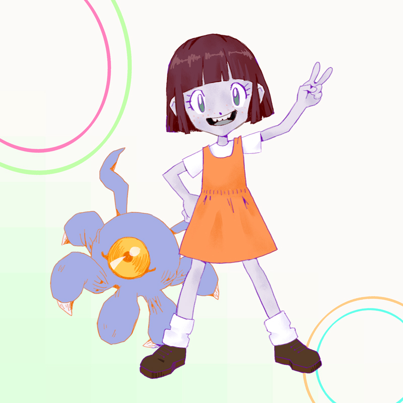 angela_anaconda angela_anaconda_(character) brown_hair claws digimon digimon_(creature) looking_at_viewer smile teeth tsumemon what bad_tag yellow_eyes