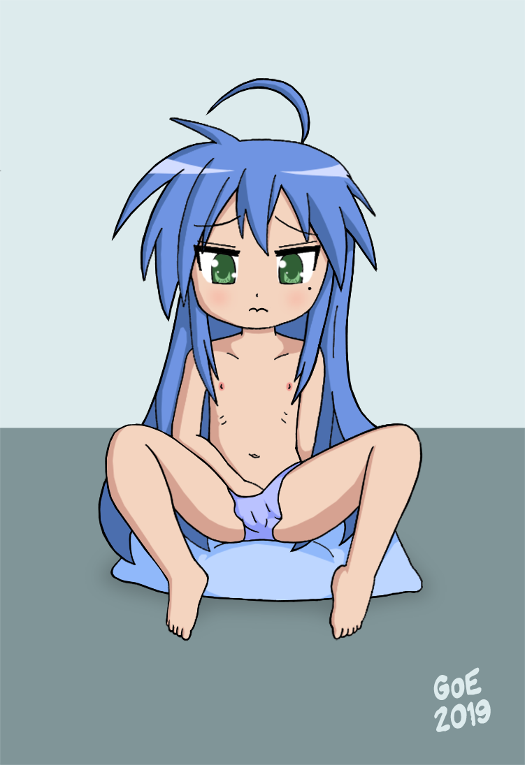 1girl 2019 blue_hair female_masturbation good_or_evil izumi_konata loli lucky_star masturbation nipples nude solo