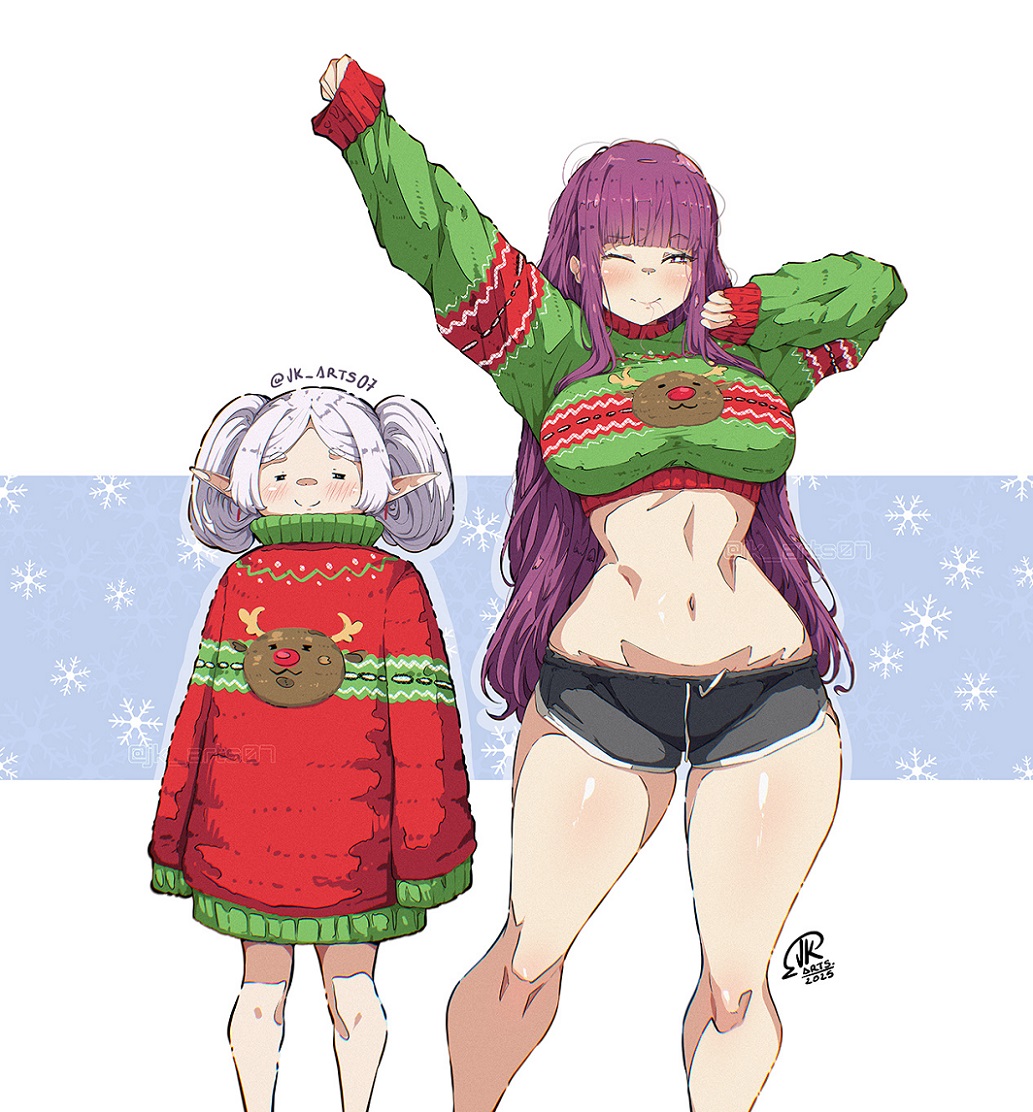2girls ;) =_= arm_up artist_logo artist_name bare_legs black_shorts blunt_bangs blush breasts christmas christmas_sweater closed_mouth commentary cropped_sweater earrings elf english_commentary fern_(sousou_no_frieren) frieren green_sweater jewelry jk_arts large_breasts letterboxed logo long_hair long_sleeves looking_at_viewer midriff multicolored_sweater multiple_girls navel one_eye_closed parted_bangs pointy_ears purple_eyes purple_hair red_sweater reindeer_print short_shorts shorts sidelocks sleeves_past_fingers sleeves_past_wrists smile snowflake_background sousou_no_frieren stomach straight_hair stretching sweater teardrop_earrings thighs turtleneck turtleneck_sweater twintails twitter_username very_long_hair white_hair