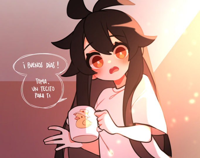 1girl antenna_hair black_hair blush bright_pupils commentary cup hair_between_eyes hair_flaps holding holding_cup indie_virtual_youtuber indoors light_particles lin_kaimane lin_kaimane_(artist) long_hair looking_at_viewer mug orange_eyes shirt spanish_commentary spanish_text translated virtual_youtuber white_pupils white_shirt
