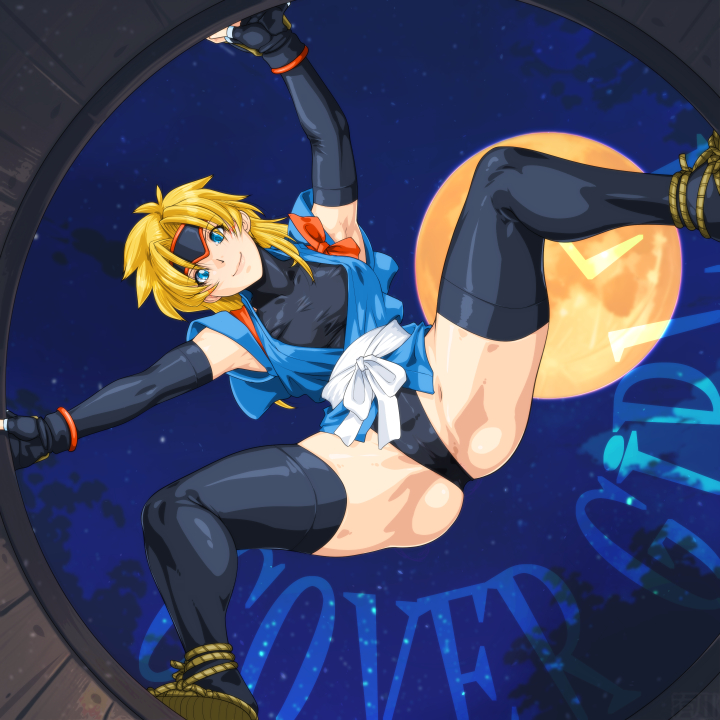 1girl black_gloves black_leotard black_thighhighs blonde_hair blue_eyes blue_kimono breasts cameltoe climbing covered_erect_nipples elbow_gloves fingerless_gloves forehead_protector from_below full_moon gloves headband highleg highleg_leotard japanese_clothes kimono leotard long_hair looking_at_viewer martial_champion moon night ninja paid_reward_available qkat_(arikawa-dou) racheal sandals sash short_kimono sky small_breasts smile solo spread_legs star_(sky) starry_sky tabi thighhighs thighs undersuit