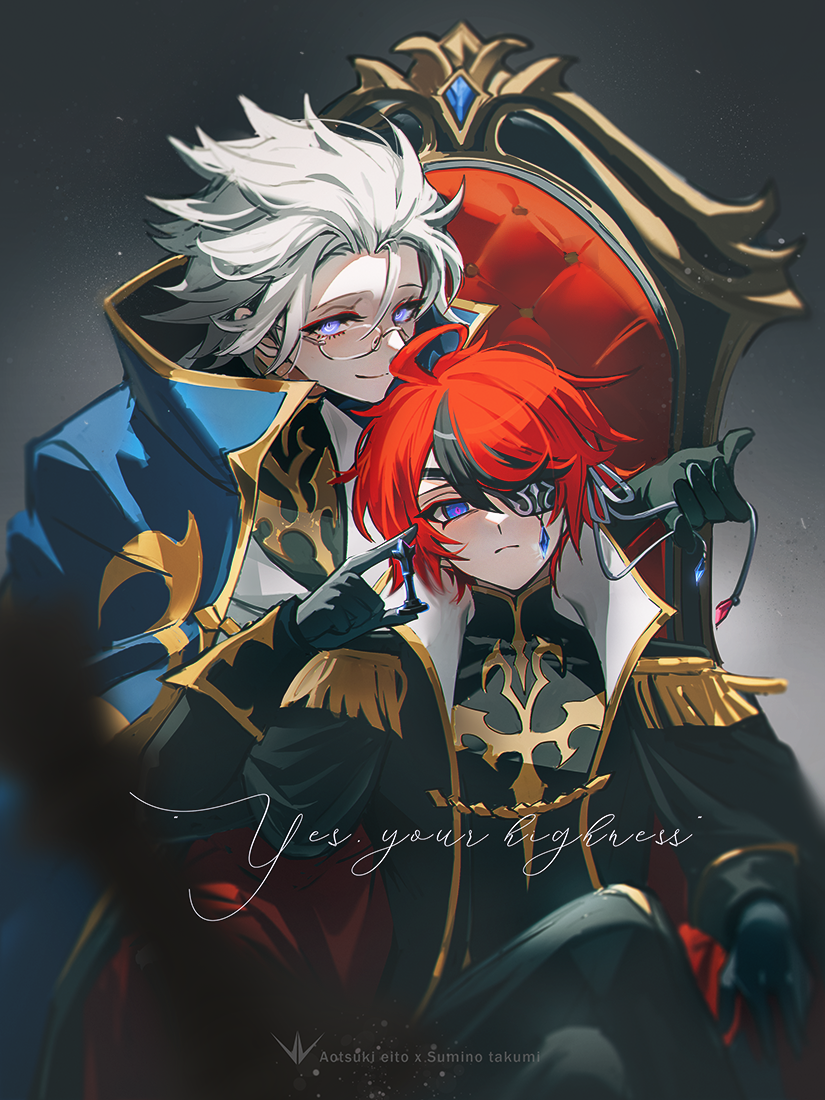 2boys ahoge alternate_costume aotsuki_eito black_coat black_gloves black_hair black_pants black_shirt blue_cape blue_eyes cape chair chess_piece chinese_commentary chromatic_aberration closed_mouth coat code_geass commentary commentary_request english_commentary english_text epaulettes eyepatch frown glasses gloves gold_trim grey_hair holding holding_chess_piece jacket kaede1231 knights_of_the_round_uniform light_particles long_sleeves male_focus mixed-language_commentary multicolored_hair multiple_boys official_alternate_hairstyle on_chair open_clothes open_coat pants red_hair shirt short_hair sitting smile streaked_hair sumino_takumi the_hundred_line_-last_defense_academy- two-tone_hair white_jacket