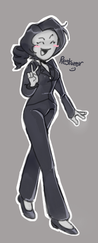 1girl black_hair blush breasts cassino cassino closed_eyes colored_skin curly_hair drill_hair drill_ponytail female female_focus formal_clothes grey_background grey_skin greyscale imscared jacket monochrome open_mouth peace_symbol restorer_(imscared) slip-on_shoes small_breasts smile suit suit_jacket text_background