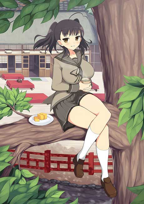 1girl ahoge architecture breasts brown_eyes brown_hair brown_sailor_collar brown_shirt brown_skirt crossed_legs cup east_asian_architecture game_cg green_tea heart heart_ahoge holding holding_cup hot_drink in_tree large_breasts leaf long_hair looking_at_viewer misato_(senran_kagura) non-web_source official_art outdoors parted_lips plate pleated_skirt sailor_collar school_uniform senran_kagura senran_kagura_new_wave shirt short_twintails sitting sitting_in_tree skirt smile solo tea tohno_tengu_shinobi_group_uniform tree twintails wind