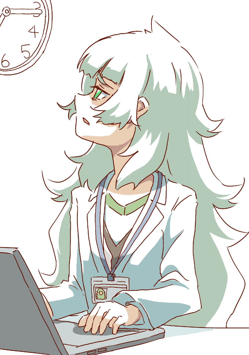 1girl blunt_bangs clock collar computer dress green_collar green_dress green_eyes green_hair green_trim highres hiyajou_maho id_card jacket_over_dress lab_coat laptop long_hair long_sleeves looking_at_object messy_hair sadarann science_adventure shirt sitting sleepy solo steins;gate steins;gate_0 thick_eyebrows very_long_hair