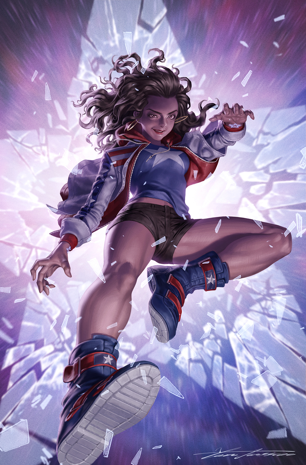1girl america_chavez black_shorts blue_shirt blue_shoes broken_glass brown_eyes brown_hair comic_cover commentary curly_hair dark-skinned_female dark_skin earrings english_commentary floating_clothes floating_earrings floating_hair glass gold_earrings grin highres hoop_earrings incoming_attack incoming_kick jacket jewelry kicking long_hair looking_at_viewer marvel midriff_peek multicolored_jacket official_art red_jacket shirt shoes shorts signature smile solo star_(symbol) t-shirt white_jacket yoon_junggeun young_avengers