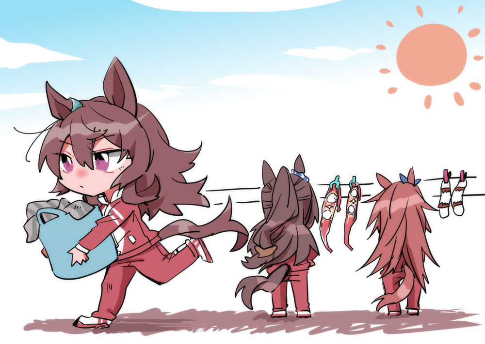 3girls animal_ears beanie beer_hsk blue_sky brown_hair chibi clothes_pin clothesline cloud commentary_request el_condor_pasa_(umamusume) eye_mask grey_hat hat holding horse_ears horse_girl horse_tail jacket long_hair mask mouth_mask multiple_girls nakayama_festa_(umamusume) orfevre_(old_design)_(umamusume) outdoors pants ponytail purple_eyes red_jacket red_pants running shoes sky standing striped_clothes striped_headwear sun_symbol tail track_jacket track_pants track_suit umamusume unworn_hat unworn_headwear unworn_mask vertical-striped_clothes vertical-striped_headwear very_long_hair white_shoes