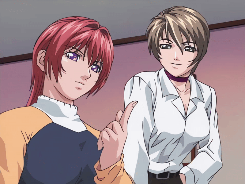 00s 2002 2girls animated animated_gif anime_screenshot bedroom belt bible_black bible_black_gaiden book breasts brown_hair collar green_eyes large_breasts long_hair miniskirt multiple_girls open_clothes open_shirt purple_eyes red_hair shido_saki shirt short_hair skirt smile sweater tagme takashiro_hiroko turtleneck turtleneck_sweater white_shirt