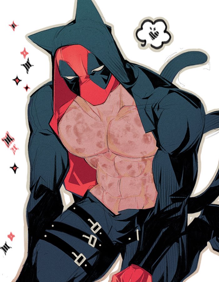 1boy abs alternate_costume animal_ears black_jacket black_pants burn_scar cat_ears cat_tail commentary_request deadpool deadpool_(series) dotori_012 fake_animal_ears fake_tail gloves hood hood_up jacket kneeling korean_commentary male_focus marvel mask muscular muscular_male pants red_gloves red_jacket scar solo sparkle tail thigh_strap two-sided_fabric two-sided_jacket white_background