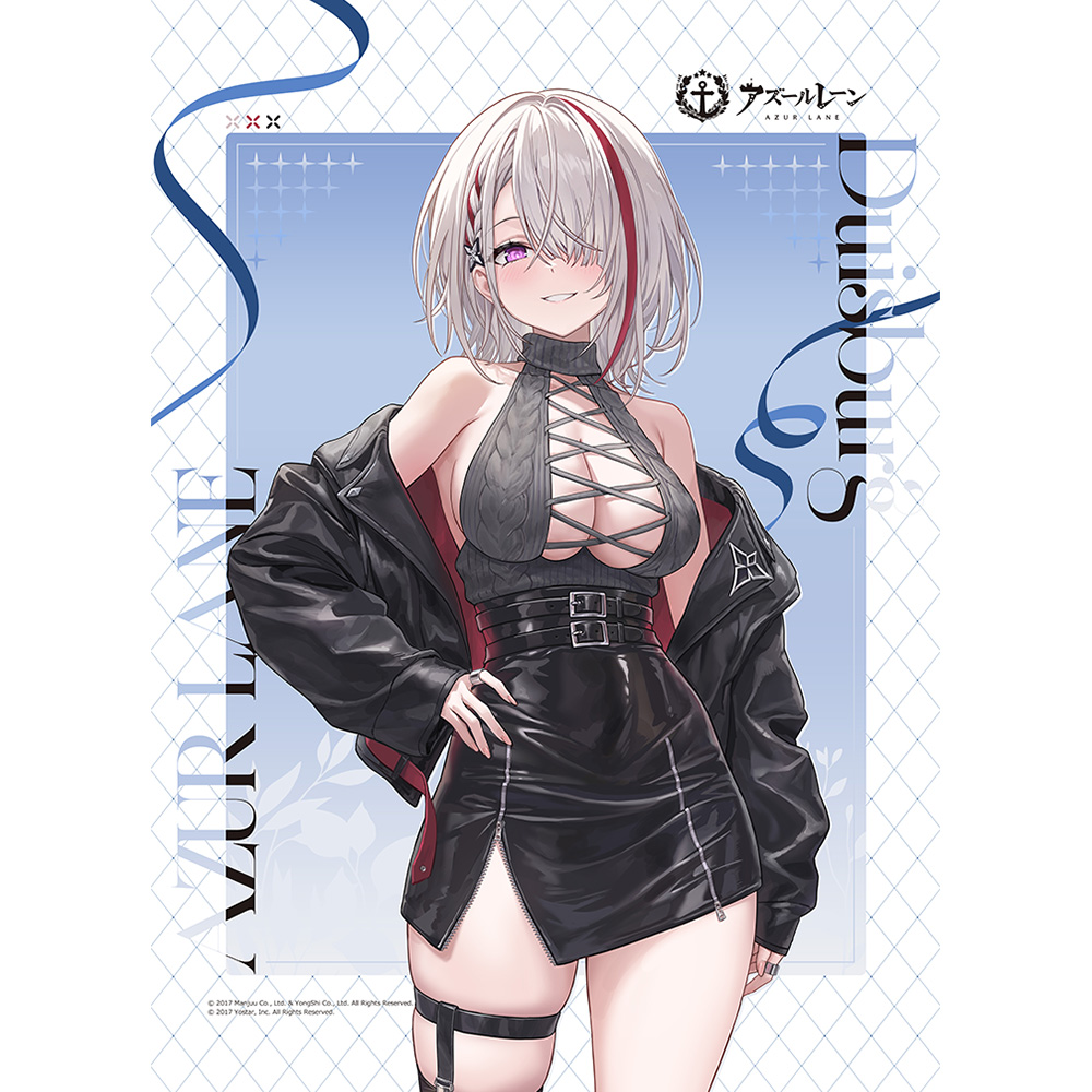 1girl azur_lane bare_shoulders black_jacket black_skirt braid breasts character_name comiket_107 copyright_name duisburg_(azur_lane) guchico hair_over_one_eye hand_on_own_hip jacket large_breasts logo looking_at_viewer merchandise_available multicolored_hair official_art parted_lips pink_eyes red_hair red_streaks short_hair skirt smile solo streaked_hair thigh_strap white_hair