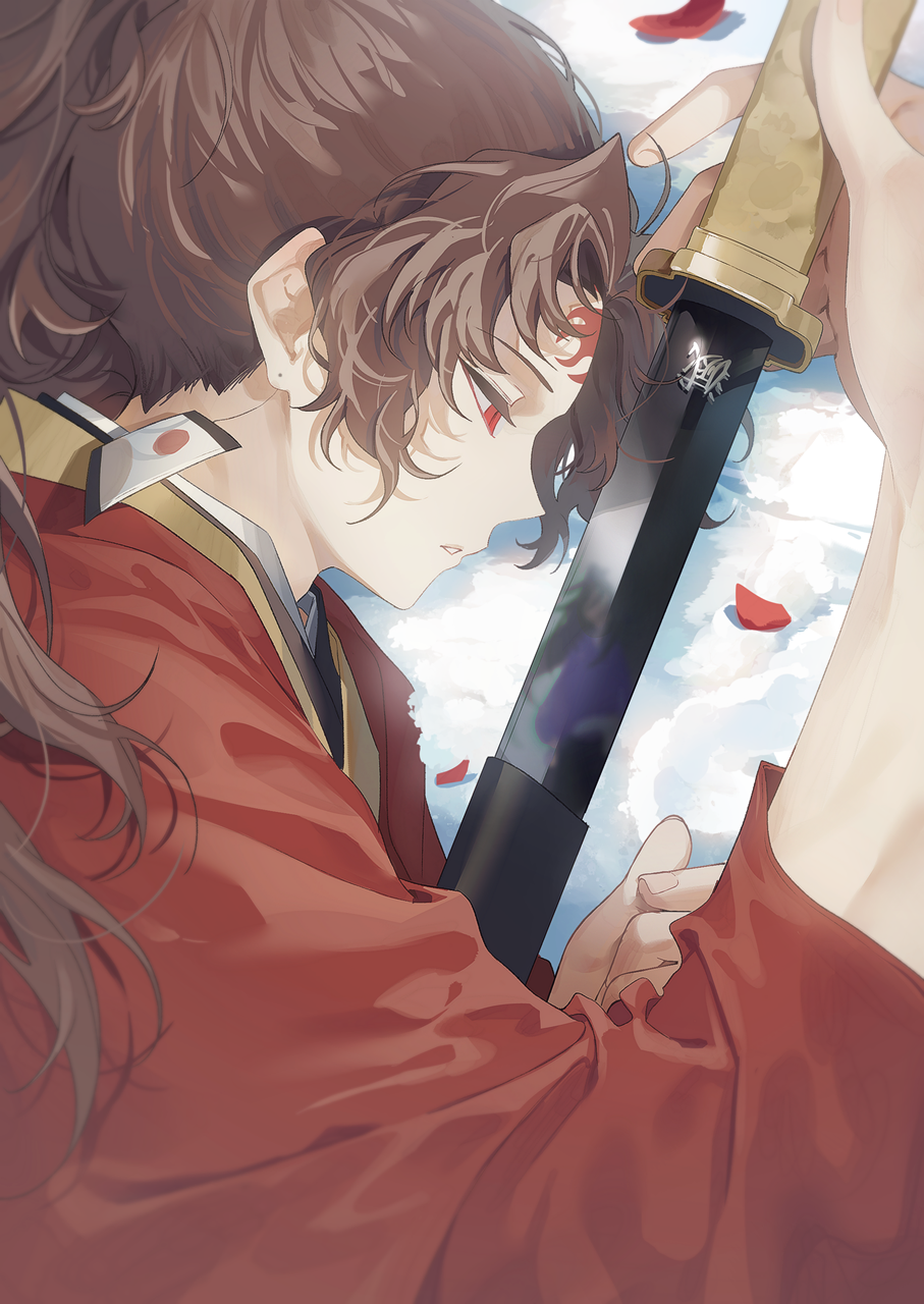 1boy brown_hair commentary_request earrings from_side highres japanese_clothes jewelry katana kimetsu_no_yaiba long_hair lying male_focus on_side petals ponytail red_eyes revision sal_gun snow solo sword translation_request tsugikuni_yoriichi weapon wide_sleeves