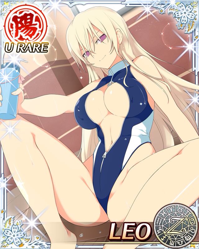 1girl adjusting_hair aquarius_(symbol) aries_(symbol) arms_behind_head ass blonde_hair blue_one-piece_swimsuit bottle breasts cancer_(symbol) capricorn_(symbol) card_(medium) character_name cleavage covered_navel dodecagram gemini_(symbol) groin hair_between_eyes holding holding_bottle large_breasts lens_flare leo_(senran_kagura) leo_(symbol) libra_(symbol) light_frown long_hair looking_at_viewer navel official_art one-piece_swimsuit pisces_(symbol) poolside purple_eyes sagittarius_(symbol) school_emblem scorpio_(symbol) senran_kagura senran_kagura_new_wave shiny_skin sitting solo sparkle spread_legs standing swimsuit taurus_(symbol) tile_floor tiles towel two-tone_one-piece_swimsuit very_long_hair virgo_(symbol) wet white_one-piece_swimsuit zipper zodiac_wheel