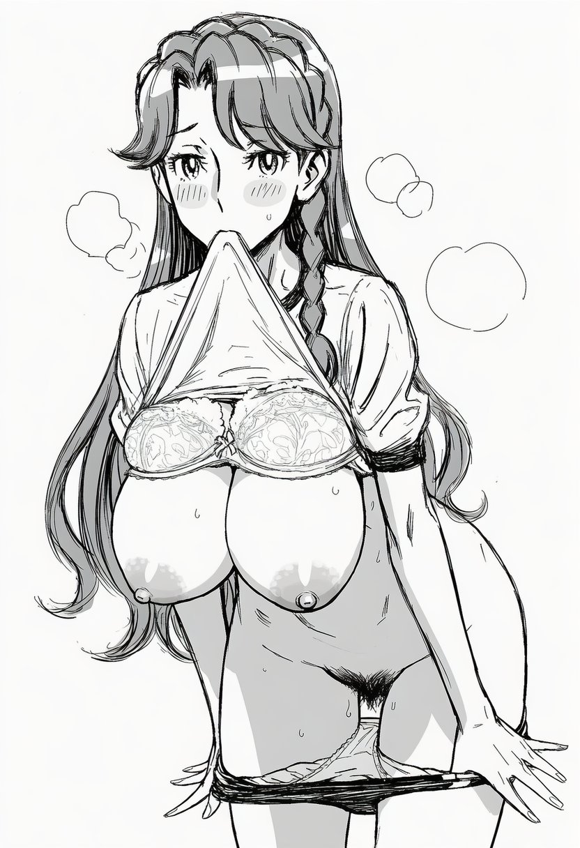 1girl aquaberrymarine blush bra bra_pull braid breasts character_request clothes_in_mouth clothes_pull commentary_request copyright_request cowboy_shot female_pubic_hair forehead gym_shorts highres large_breasts leaning_forward legs long_hair looking_at_viewer monochrome mouth_hold navel nipple_indents nipples nose panties panty_pull pubic_hair shadow shirt shirt_in_mouth shirt_pull short_sleeves shorts shorts_pull simple_background steam stomach sweat t-shirt thighs underwear white_background