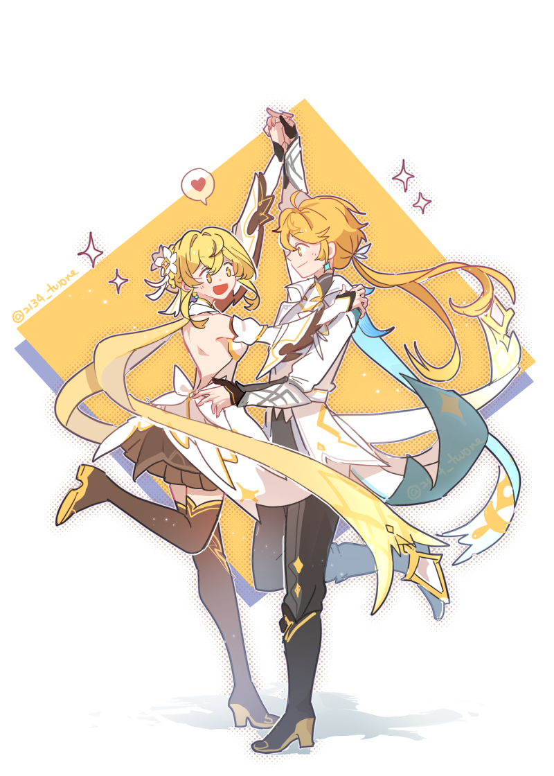 1boy 1girl 2134twone aether_(as_heaven_and_earth_are_made_anew)_(genshin_impact) aether_(genshin_impact) ahoge arm_armor arm_up artist_name back bare_back belt black_boots black_gloves black_pants black_shirt blonde_hair blue_cape blush boots brother_and_sister brown_boots brown_dress cape closed_mouth commentary_request detached_sleeves dress earrings feather_hair_ornament feathers fingerless_gloves floating_hair flower from_side full_body genshin_impact gloves hair_between_eyes hair_flower hair_ornament hair_ribbon hand_around_waist hand_on_another's_shoulder hand_up high_heel_boots high_heels holding_hands jacket jewelry juliet_sleeves lapels leg_up long_hair long_sleeves looking_at_another low_ponytail lumine_(as_heaven_and_earth_are_made_anew)_(genshin_impact) lumine_(genshin_impact) mandarin_collar official_alternate_costume official_alternate_hairstyle open_mouth pants ponytail puffy_sleeves ribbon shadow shirt short_hair siblings sidelocks single_earring sleeveless sleeveless_dress smile sparkle standing star_(symbol) star_earrings star_print thigh_boots two-tone_dress wavy_hair white_background white_belt white_dress white_flower white_jacket white_ribbon white_sleeves wide_sleeves yellow_cape yellow_eyes