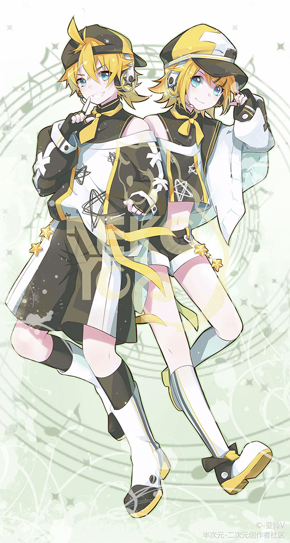 1boy 1girl backwards_hat baseball_cap black_shorts black_socks blonde_hair blue_eyes commentary_request fingerless_gloves full_body gloves grin hair_ornament hairclip hat headphones index_finger_raised jacket kagamine_len kagamine_rin short_hair shorts siblings smile socks twins varinr vocaloid white_jacket white_socks