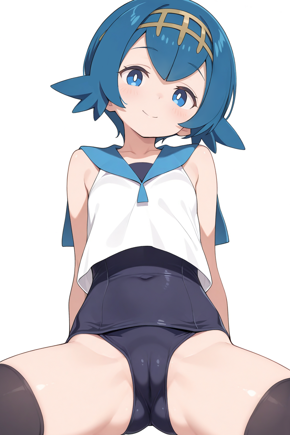 1girl arm_support armpit_crease black_one-piece_swimsuit black_thighhighs blue_eyes blue_sailor_collar breasts bright_pupils cameltoe cleft_of_venus covered_navel dot_nose double-parted_bangs groin hachimiso hairband highres hip_bones lana_(pokemon) light_blush looking_at_viewer nintendo no_sclera one-piece_swimsuit pokemon pokemon_sm pussy sailor_collar school_swimsuit shirt short_hair sidelocks sitting sleeveless sleeveless_shirt small_breasts smile solo spread_legs swimsuit swimsuit_under_clothes thighhighs white_shirt