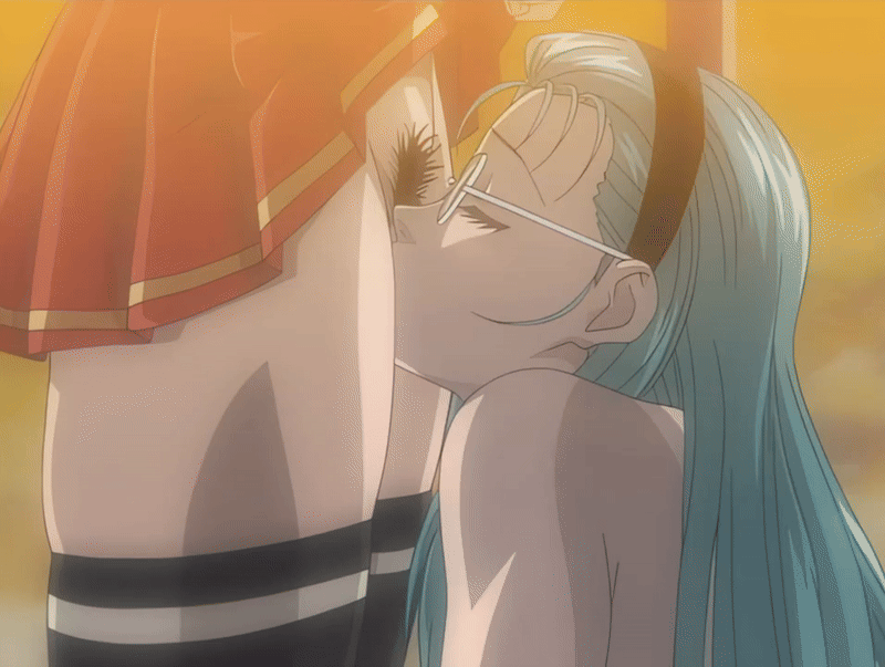 00s 2002 2girls animated animated_gif anime_screenshot bible_black bible_black_gaiden black_thighhighs classroom closed_eyes clothes_lift cunnilingus glasses green_hair hairband kozono_nami long_hair mochida_junko multiple_girls oral pubic_hair saliva saliva_trail school school_uniform skirt skirt_lift tagme thighhighs yellow_eyes yuri