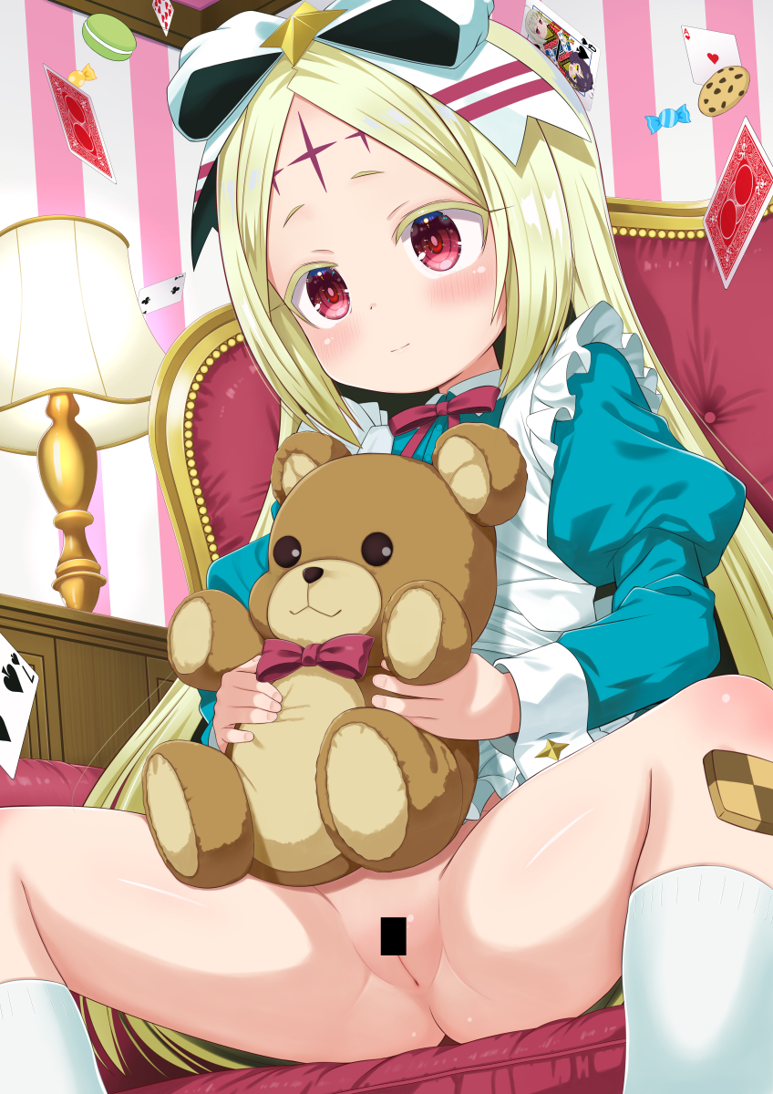 1girl bar_censor blonde_hair card censored highres loli long_hair mahou_shoujo_ni_akogarete morino_korisu nero_alice paid_reward_available playing_card puffy_sleeves pussy red_eyes sitting socks solo spread_legs stuffed_animal stuffed_toy teddy_bear usayaki_soba variant_set white_socks