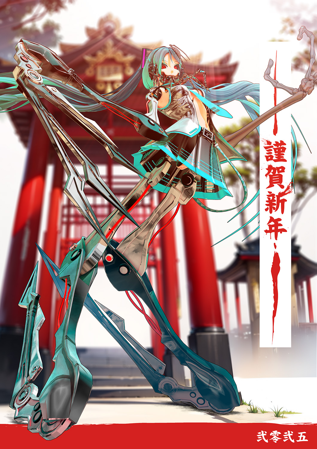 1girl 3d android aqua_hair blue_necktie calne_ca_(deino) colored_eyelashes cosplay deino_(deino3330) gluteal_fold gradient_hair hatsune_miku hatsune_miku_(cosplay) highres isopod joints long_hair looking_at_viewer mechanical_arms mechanical_legs multicolored_hair nato-kun navel necktie no_panties original outdoors red_eyes robot_joints shiny_clothes teeth torii twintails upper_teeth_only very_long_hair vocaloid wire