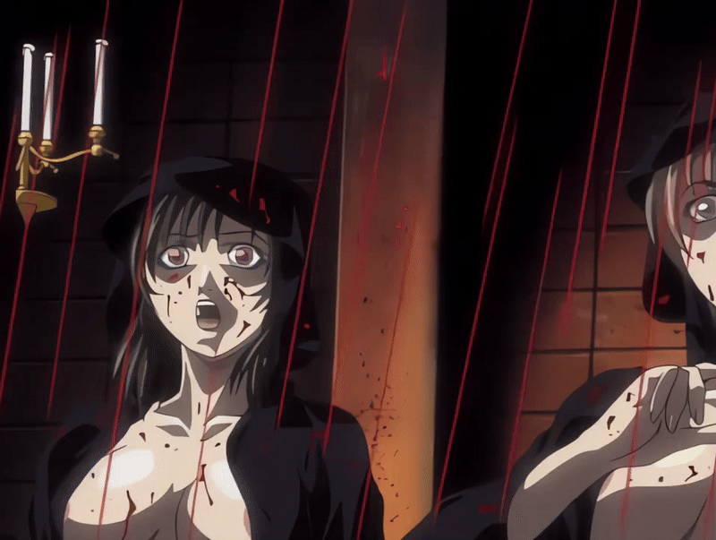 00s 2002 3girls animated animated_gif basement bible_black bible_black_gaiden blood blood_on_body blood_on_face breasts brown_hair candlestand cloak green_eyes green_hair large_breasts morita_rie multiple_girls open_mouth ritual robe scared shido_saki short_hair tagme twintails