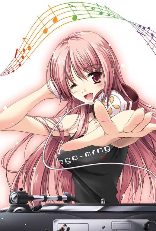 Pink haired anime girl with headphones