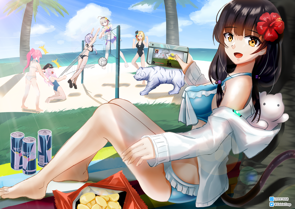 1other 5girls aikawa_megumi asakura_karen_(heaven_burns_red) beach_volleyball black_hair byakko_(heaven_burns_red) can chips_(food) commentary_request eririntrap flower food hair_flower hair_ornament heaven_burns_red izumi_yuki_(heaven_burns_red) kunimi_tama looking_at_viewer minase_ichigo minase_sumomo multiple_girls potato_chips swimsuit volleyball volleyball_net yellow_eyes