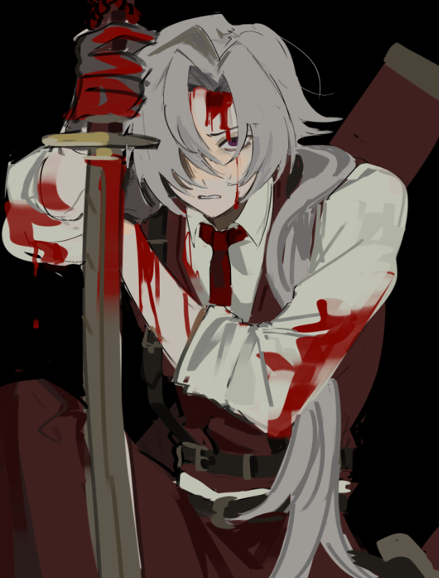 1boy belt black_background black_gloves blood blood_on_clothes blood_on_face blood_on_hands collared_shirt cowboy_shot gloves hair_over_one_eye hashtag-only_commentary holding holding_sword holding_weapon limbus_company long_hair looking_at_viewer lucio_(project_moon) male_focus ponytail project_moon shirt sijia_(jd5vlp) simple_background solo sword weapon white_background white_shirt