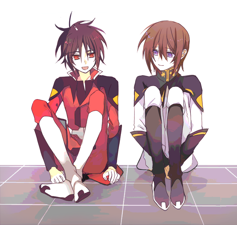 2boys black_boots black_hair boots brown_hair coat crossed_ankles gundam gundam_seed gundam_seed_destiny hair_between_eyes hugging_own_legs kira_yamato knee_boots looking_at_another male_focus military_uniform multiple_boys pants purple_eyes red_coat red_eyes red_pants seed0x0 shinn_asuka simple_background sitting sleeve_cuffs smile white_background white_boots white_coat white_pants zaft_uniform