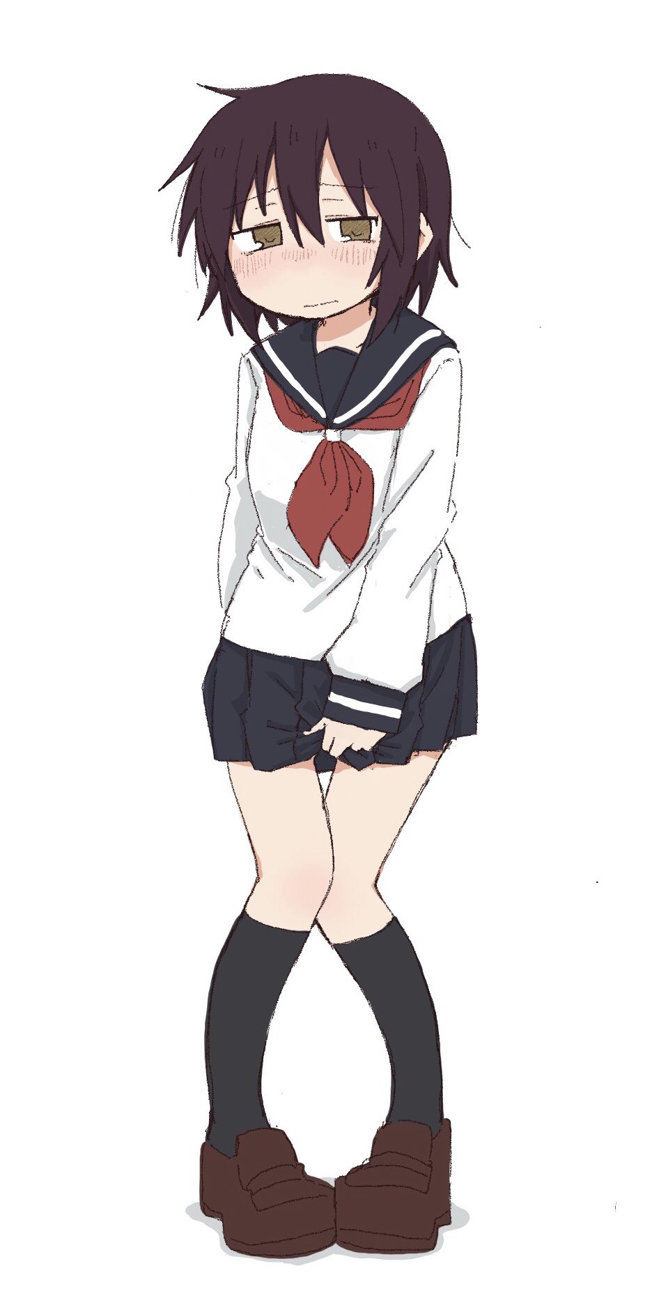 1girl arm_behind_back black_socks blue_sailor_collar blue_skirt blush brown_eyes brown_hair brown_shoes closed_mouth embarrassed female_focus flat_chest full_body half-closed_eyes have_to_pee kneehighs knees_together_feet_apart kude_rei_(ponnu_(tnpn2yw)) large_variant_set long_sleeves looking_at_viewer miniskirt neckerchief nervous nose_blush original pigeon-toed pleated_skirt ponnu_(tnpn2yw) raised_eyebrows red_neckerchief sailor_collar school_uniform serafuku shirt shoes short_hair sidelocks simple_background skirt skirt_hold socks solo split_mouth standing variant_set white_background white_shirt