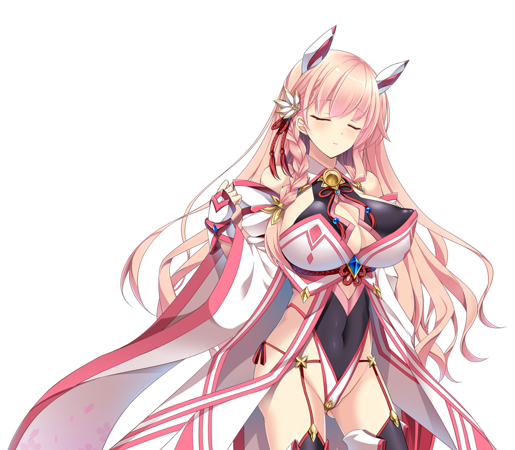 1girl bare_shoulders blush braid breasts chikubi_(artist) cleavage closed_eyes closed_mouth clothing_cutout covered_erect_nipples covered_navel cowboy_shot detached_sleeves fingerless_gloves flower game_cg garter_straps gloves hair_flower hair_ornament hair_ribbon headgear highleg highleg_leotard huge_breasts japanese_clothes kusarou large_variant_set leotard long_hair long_sleeves magical_girl mahou_shoujo_inori morita_ouka non-web_source official_art pink_hair ribbon side_braid solo standing thighhighs transparent_background variant_set wide_sleeves