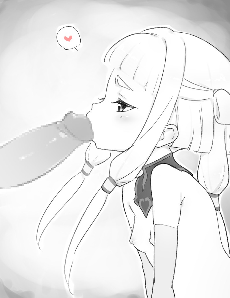 1boy 1girl blunt_bangs blush breasts censored code_geass detached_collar detached_sleeves fellatio from_side greyscale heart hetero kiikii_(kitsukedokoro) loli long_hair looking_at_penis monochrome mosaic_censoring nipples nude oral penis small_breasts solo_focus spoken_heart thick_eyebrows tianzi upper_body