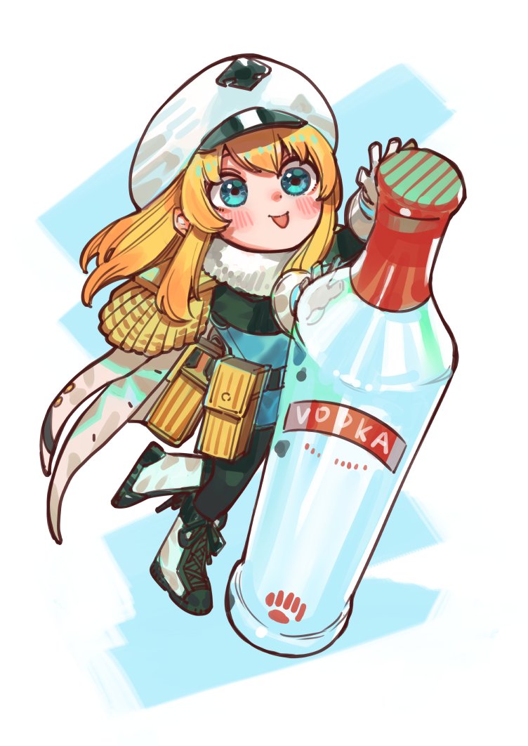 1girl :p alcohol bad_id bad_twitter_id belt blonde_hair blush brown_jacket bukimi_isan commentary_request fur_collar gloves green_background green_eyes hands_up hat jacket jacket_on_shoulders long_hair long_sleeves looking_at_viewer mini_person minigirl shy_(series) simple_background solo spirits_(shy) tongue tongue_out vodka white_background white_gloves white_hat
