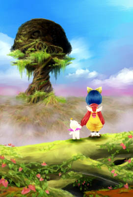 1girl bad_id blue_hair blue_sky bow cloud commentary_request creature day eiko_carol final_fantasy final_fantasy_ix from_behind giant_tree hair_bow holding_hands in-universe_location lowres mini_wings mog moogle outdoors overalls saikachi_(ogre_tree) short_hair sky standing tree white_wings wings yellow_bow yellow_overalls
