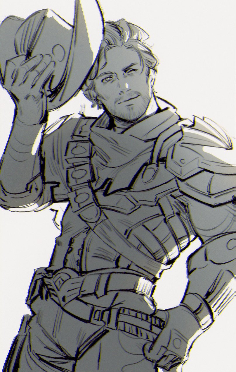 1boy armor belt commentary cowboy cowboy_hat cowboy_shot english_commentary facial_hair gloves greyscale guardians_of_the_galaxy hat highres holding holding_unworn_clothes holding_unworn_hat limach-an looking_to_the_side male_focus marvel marvel_rivals monochrome muscular muscular_male no_mask official_alternate_costume one_eye_closed pants pauldrons peter_quill short_hair shoulder_armor single_pauldron smirk solo star-lord star-lord_(starlit_outlaw) stubble unworn_hat unworn_headwear western white_background
