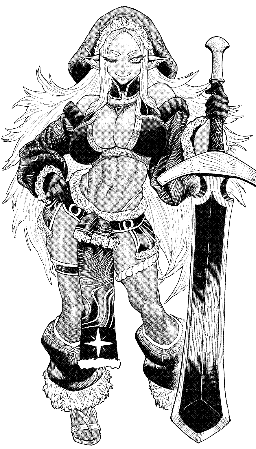 1girl ;) abs bare_shoulders breasts closed_mouth commentary commission contrapposto dark-skinned_female dark_skin detached_sleeves earrings feet full_body fur_trim gloves greyscale hand_on_own_hip hat highleg highleg_panties highres holding holding_sword holding_weapon huge_weapon jewelry large_breasts loincloth long_hair long_pointy_ears looking_at_viewer monochrome muscular muscular_female navel navel_piercing necklace one_eye_closed original panties panty_straps piercing pointy_ears ringed_eyes rope sandals simple_background smile solo standing star_(symbol) sword thigh_strap toes underwear very_long_hair weapon websake