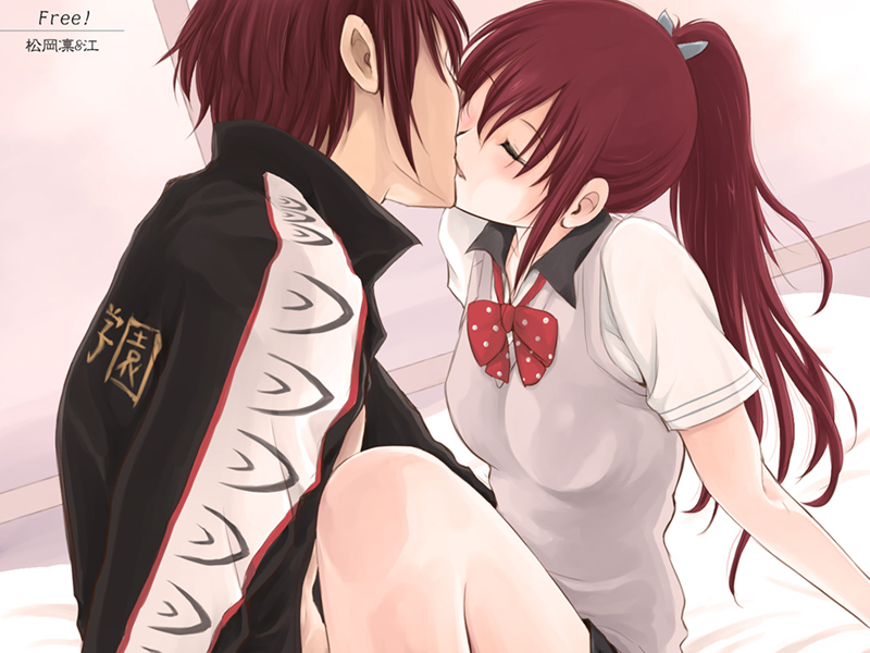 1boy 1girl arm_behind_back black_jacket bow bowtie breasts brother_and_sister closed_eyes collared_shirt commentary_request copyright_name couple facing_another free! from_side grey_sweater_vest hair_ribbon hetero incest indoors jacket kiss knee_up long_hair matsuoka_gou matsuoka_rin medium_breasts niwatori_kokezou on_bed parted_lips partial_commentary plaid_bow plaid_bowtie plaid_clothes ponytail red_bow red_bowtie red_hair ribbon school_uniform shirt short_hair short_sleeves siblings sidelocks sitting sweater_vest upper_body very_long_hair white_ribbon white_shirt