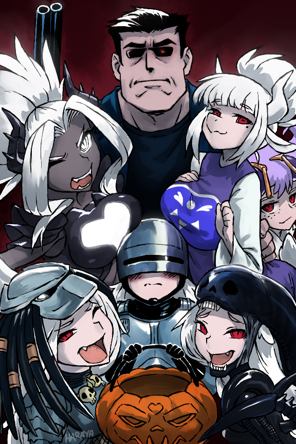 alien_(1979) alien_(series) alien_vs._predator animal_ears arm_blade armor beelzebub black_bodysuit black_gloves black_hair black_horns black_jacket bodysuit bone breasts cerberus_(helltaker) choir_outfit_(utdr) colored_skin commentary cosplay crossover cyborg dark-skinned_female dark_skin darkstalkers darkstalkers_3 delta_rune_(symbol) delta_rune_print demon demon_girl demon_horns demon_tail dog_ears dog_girl dreadlocks english_commentary fangs fishnets from_side gauntlets gloves glowing glowing_eye gun halloween haraya_manawari helltaker helltaker_(character) helmet holding holding_gun holding_weapon horns jacket jaw judgement_(helltaker) large_breasts leather leather_jacket lever_action long_hair looking_at_viewer lucifer_(helltaker) mask mole mole_under_eye multiple_girls open_mouth pauldrons plasma_caster ponytail predator_(1987) predator_(character) predator_(series) q-bee q-bee_(cosplay) red_eyes robocop robocop_(character) robocop_(character)_(cosplay) science_fiction shirt short_hair shotgun shoulder_armor shoulder_cannon simple_background skeleton_costume smile spine sunglasses t-800 t-800_(cosplay) tail teeth terminator_(series) toriel toriel_(cosplay) triplets undertale utdr_(toby_fox) weapon white_eyes white_hair white_horns winchester_model_1887 wings wrist_blades xenomorph xenomorph_(cosplay)