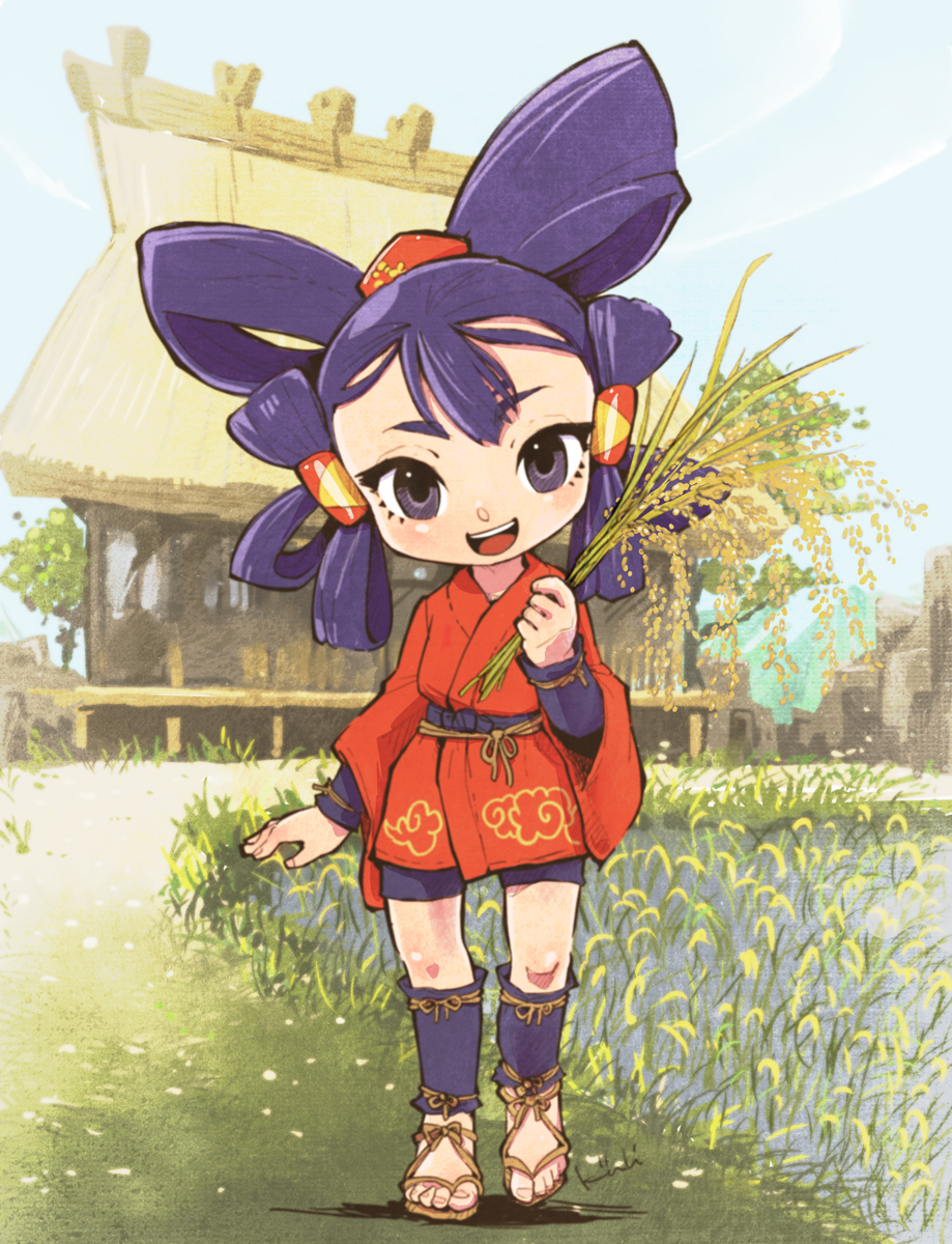 1girl anklet breasts cloud cloud_print earrings eyebrows_hidden_by_hair eyelashes farm farmer farming farming_clothes feet full_body grass hair_ornament hair_rings hat_ornament head_tilt highres holding house japanese_clothes japanese_house jewelry kiichi kimono mini_person minigirl mizura on_grass pants purple_eyes purple_hair purple_pants purple_sash quad_hair_rings red_kimono rice rice_(plant) rice_paddy rice_planting sakuna-hime sandals sash small_breasts smile solo spring_(season) string tall_grass tensui_no_sakuna-hime yukata