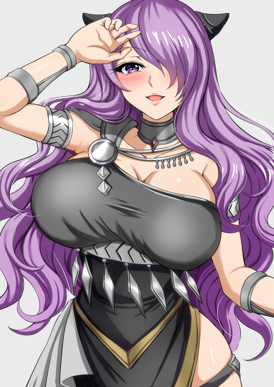 1girl alternate_costume ancient_greek_clothes armlet blush bracelet breasts camilla_(fire_emblem) cleavage collarbone dancer dancer_(fire_emblem:_three_houses) dress female_focus fire_emblem fire_emblem:_three_houses fire_emblem_fates greco-roman_clothes hair_over_one_eye highres jewelry large_breasts long_hair matching_hair/eyes nintendo open_mouth pelvic_curtain purple_eyes purple_hair single-shoulder_dress smile solo