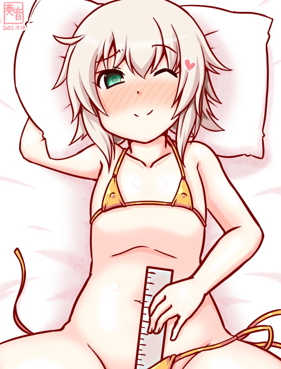 1girl artist_logo bikini blonde_hair commentary_request covered_erect_nipples dated flat_chest green_eyes kanon_(kurogane_knights) kantai_collection logo loli lying measuring micro_bikini one-hour_drawing_challenge one_eye_closed open_clothes out-of-frame_censoring penis_measuring pillow ruler shimushu_(kancolle) short_hair side-tie_bikini_bottom smile solo swimsuit untied_bikini