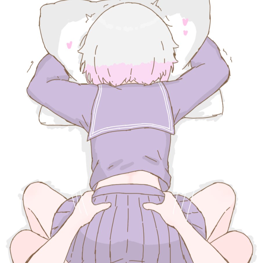 1boy 1girl age_difference ass bent_over blue_serafuku blue_skirt heart hetero hugging_object loli long_sleeves lying mahou_shoujo_no_majo_saiban motion_lines multicolored_hair on_bed on_stomach pale_skin pillow pillow_hug pink_hair sakuraba_ema school_uniform serafuku sex sex_from_behind short_hair simple_background skirt tabedesuyo top-down_bottom-up two-tone_hair white_background white_hair