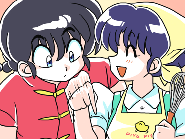 1boy 1girl blue_hair blush closed_eyes ranma_1/2 saotome_ranma short_hair tendou_akane wanta_(futoshi)