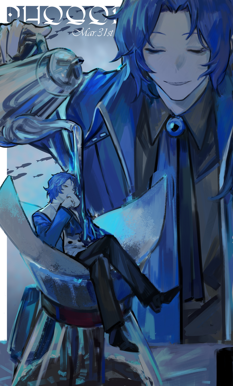 2boys ascot birthday black_pants black_shirt blue_ascot blue_coat blue_gemstone blue_theme character_name chesed_(project_moon) closed_eyes closed_mouth coat coffee coffee_filter coffee_pot collared_shirt cup dated fish gem highres holding holding_cup kettle library_of_ruina lobotomy_corporation mug multiple_boys multiple_persona nishikujic pants parted_lips project_moon shirt smile water