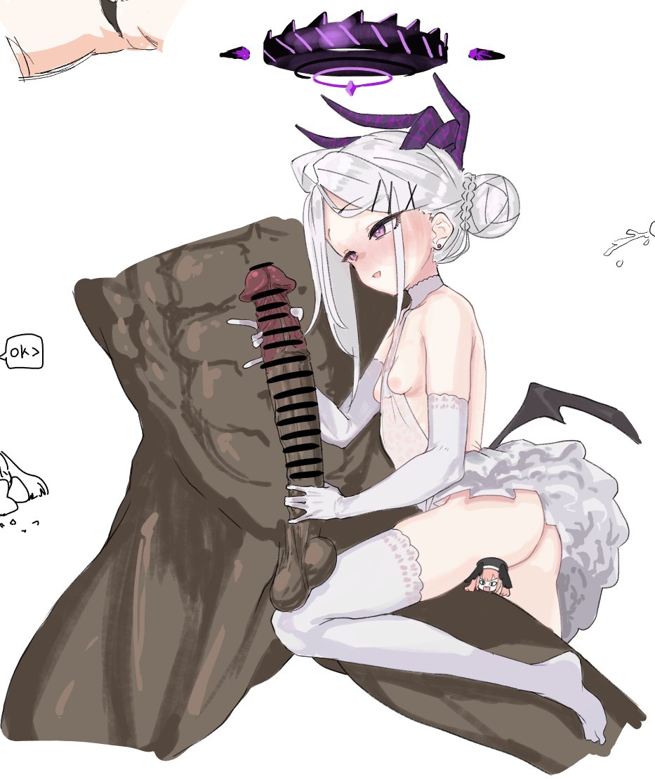 1boy 1girl ass bar_censor black_halo blue_archive breasts censored dark-skinned_male dark_skin demon_girl demon_horns demon_wings elbow_gloves gloves halo hina_(blue_archive) horns koharu_(blue_archive) long_hair low_wings nipples open_mouth penis purple_eyes samesann simple_background small_breasts thighhighs white_background white_gloves white_hair white_thighhighs wings
