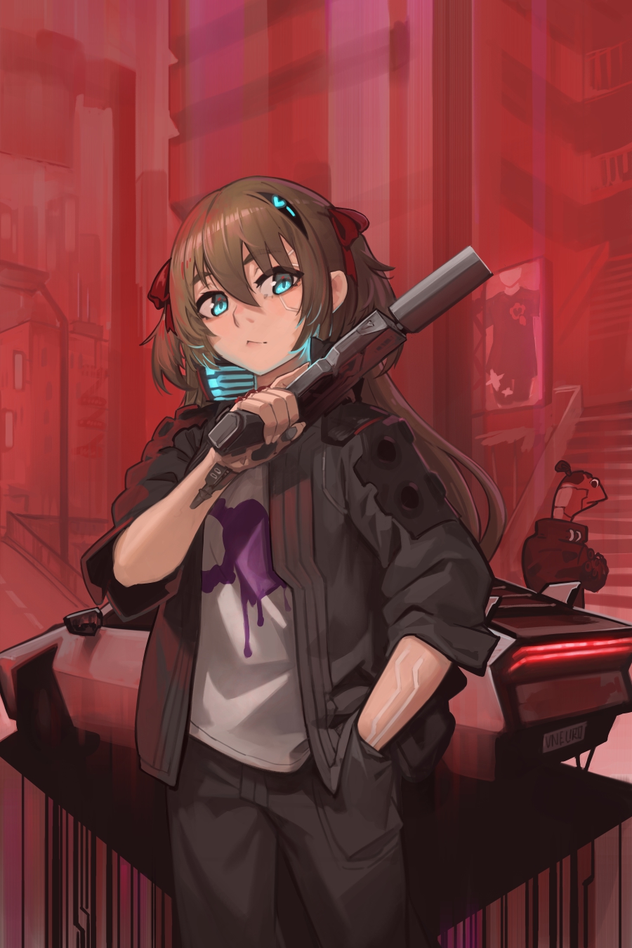 1boy 1girl black_pants blue_eyes brown_hair car closed_mouth commentary cowboy_shot cyberpunk_(series) cyberpunk_2077 english_commentary gun hair_between_eyes hair_ribbon hand_in_pocket highres holding holding_gun holding_weapon jacket kermit_the_frog long_hair long_sleeves motor_vehicle neuro-sama open_clothes open_jacket outdoors paintrfiend pants red_ribbon ribbon robot_girl shirt vedal987 vedal_ai virtual_youtuber weapon white_shirt
