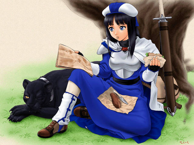 1girl against_tree armor artist_name belt black_belt black_gloves black_hair blue_dress blue_eyes border breasts brown_background brown_bag brown_shoes cape character_request clothing_request collar commentary_request copyright_request cougar dress eating fading_border fingerless_gloves food full_body gloves hat headwear_request holding holding_food holding_map holding_sandwich knee_up knife long_hair long_sidelocks long_sleeves loose_socks map medium_breasts metal_collar on_grass one_eye_closed pc-98_(style) reading sandwich sheath shoes shoulder_pads sidelocks signature sitting socks solo sword teiku_(take) tree weapon white_cape white_hat white_socks